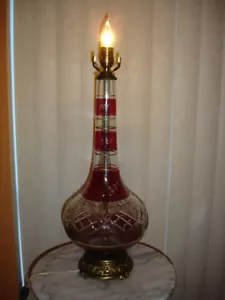 BIG CUT CRYSTAL CRANBERRY LAMP WITH GOLD AND ETCHED DECORATION, RARE! - Picture 1 of 8