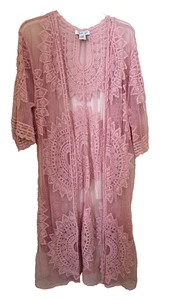 Plumero de encaje con ojales Rachel Zoe rosa kimono encubrimiento bordado frente abierto sistema operativo - Imagen 1 de 3