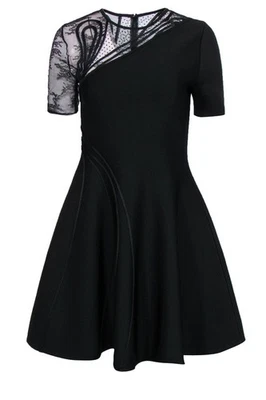 Oscar de la Renta - Vestido negro ajustado y acampanado con diseño de malla estampada talla S Foto 1 de 4