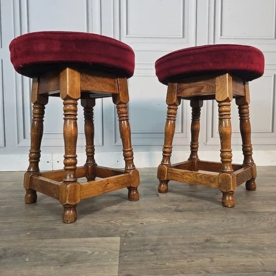 Vintage Pub Bar Stools - Low Upholstered Turned Wooden Seats - Home Man Cave - Image 1 of 4
