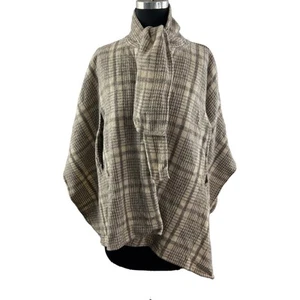 VINTAGE Beige Call Cape Poncho Plaid Wool? Knit Sleeveless Tie Mock Neck Pockets - Picture 1 of 5