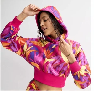 FARM RIO X Adidas Cropped Bold Pink / Spring Yellow Tropical Hoodie M NWT - Picture 1 of 9