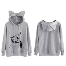 Women Long Sleeve Cute Cat Pattern Print Cat Ear Hoodie Pullover Sweatshirt Tops