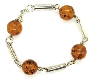 Mexico 925 Sterling Silver Tubes & Amber Bead Ball Link Bracelet - Picture 1 of 7