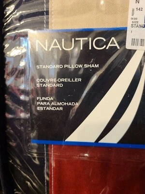 New Nautica "Top Sail" Standard Pillow Sham 100% Cotton 51x66 Reb Navy Khaki - Image 1 of 3