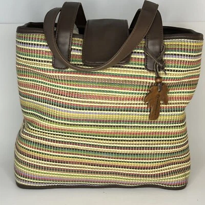 Liz Claiborne Purse Woven Multicolored Stripe Brown Leather trim & Handle zipper - Image 1 of 4