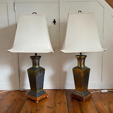 Pair of 2 Large Oriental Metal Lamps Shades Silver Brass Wooden Base Lamp Light