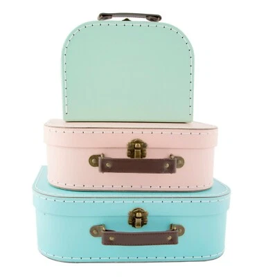 Sass & Belle Set of 3 Small Pastel Retro Suitcases Kids  Storage Boxes Cases  - Image 1 of 4
