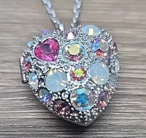 Swarovski großes Herz bunt rosa Kristall Medaillon Anhänger Halskette 9" fast neuwertig - Bild 1 von 9
