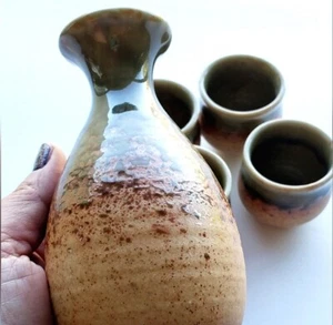 Juego de 5 sake japonés marrón verde Oribe Mino Ware cerámica esmaltada - Imagen 1 de 8