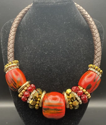 Gargantilla Gruesa Collar Rojo Marrón Cobre Cuentas Glamour Cuero Trenzado 17-20" Foto 1 de 4