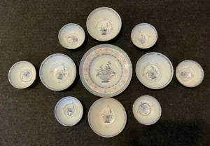 SET OF 11 CHINESE RICE EYES BOWLS WHITE BLUE AND RED W/GOLD ACCENTS - 3 SIZES - Picture 1 of 8