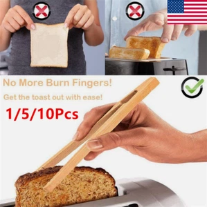 1-10X Bamboo Wood Wooden Food Toast Salad Tongs Toaster Bacon Sugar Ice Tea Tong - Picture 1 of 23