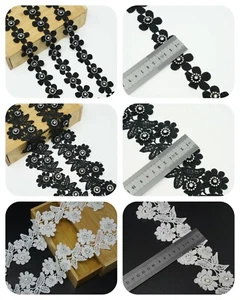 1 Mtr Black & White Lace Trim Rhinestone Button Dull Finish Cotton Flower Sewon - Picture 1 of 13