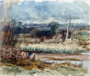 Frederick James Kerr 1853-1936. Watercolour Rural landscape with cattle watering - Picture 1 of 4
