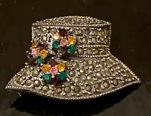 Sterling Silver 925 Marcasite Hat/Bonnet Floral Brooch Pin - Picture 1 of 8