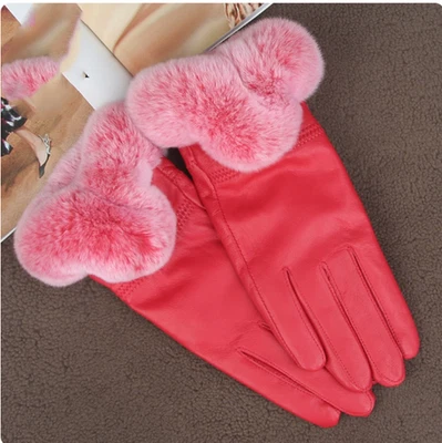 Women's Winter Warm Genuine Leather Gloves Rex Rabbit Fur Trim Cuff Velvet Lined - Image 1 of 4
