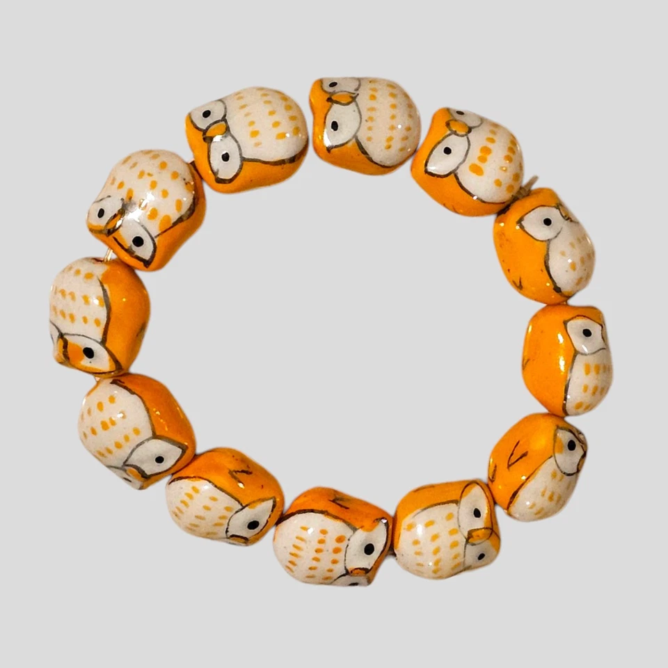 Ручной работы керамическая сова бусина эластичной браслет оранжевый белый животных ювелирных изделий милый подарок - Изображение 1 из 3