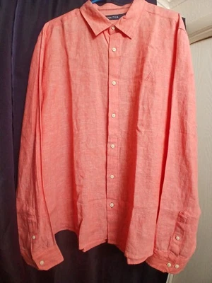 Nautica Button Up Collar Shirt Coral Salmon Linen XXL Long Sleeve Front Fall - Image 1 of 4