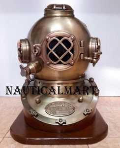 Brass Scuba Full Size Antique Us Navy Mark V Divers Diving Helmet W/ Wooden Base - Picture 1 of 5