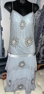 Sue Wong Nocturne 100% Silk Blue Beaded Drop Waist Tiered Prom Gown Sz 10 $400 - Picture 1 of 12