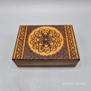 Vintage Poland Pyrography Wood Burned Folk Art Box Hinged Lid, Medallion Pattern - Picture 1 of 13