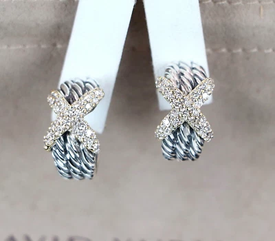 Pendientes Omega David Yurman Plata Oro Amarillo 18K Diamante Cable X Cruzado Foto 1 de 4