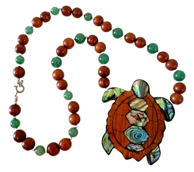 Impresionante collar de tortuga marina de madera de abulón concha de jade con cuentas de 18" Foto 1 de 4