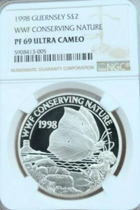 1998 GUERNSEY SILVER 2 POUNDS CONSERVING NATURE NGC PF 69 ULTRA CAMEO TOP POP  - Picture 1 of 4