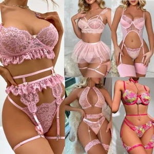 Pink Women's Sexy Lingerie Lace Bra and Panty Sets Babydoll Sleepwear Nightwear - Picture 1 of 48