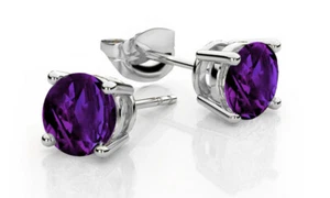 925 Sterling Silver 6mm Round Cut Amethyst Cubic Zirconia Stud Earrings Women's - Picture 1 of 1