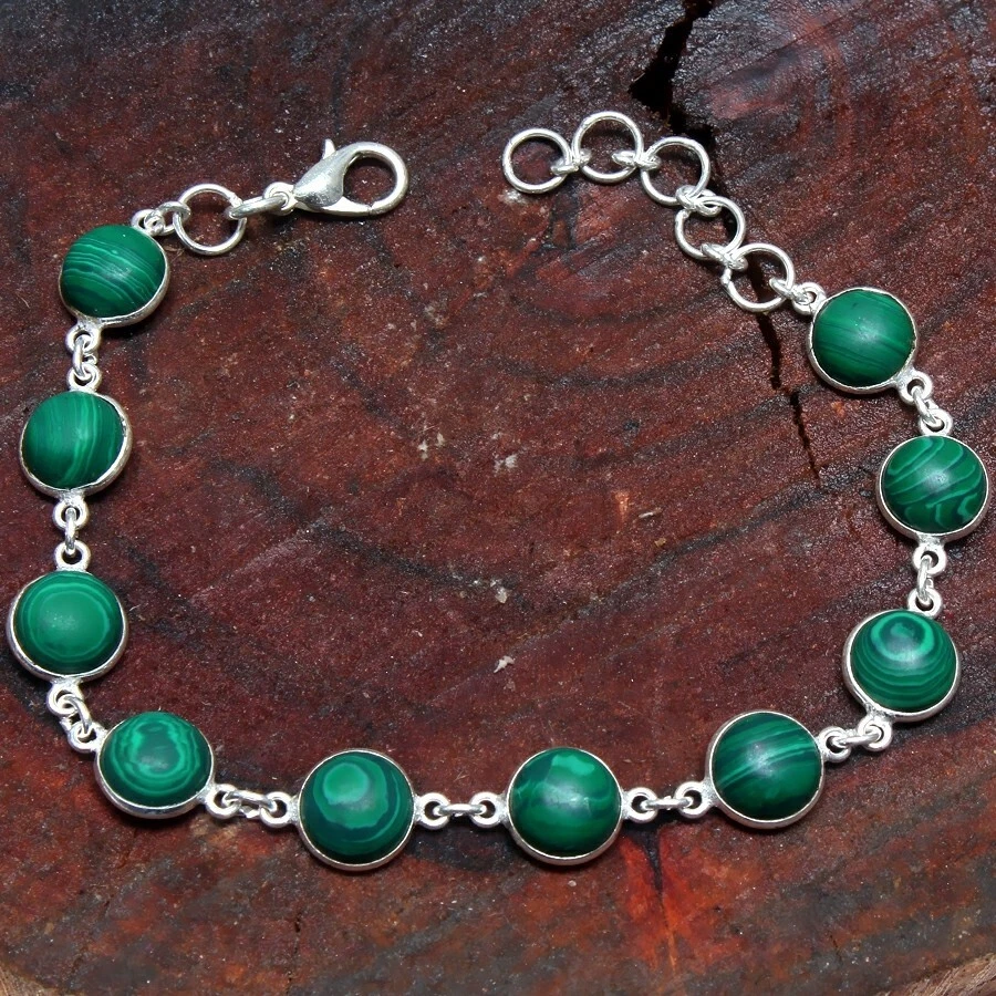 Malachite Gemstone Handmade 925 Sterling silver Bracelet Size 7-8'' - Image 1 of 1