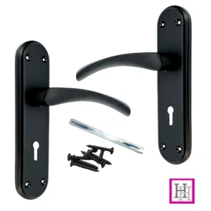 Manijas de puerta Genova negro mate con cerradura de palanca giratoria en placa posterior moderna marina - Imagen 1 de 6