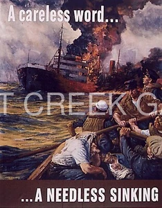 WWII Poster, "A Careless Word... ...A Needless Sinking" Print on 11x14" 22555 - Picture 1 of 1