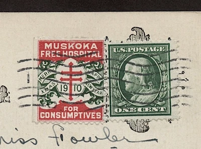 PPC1910 wTIED MUSKOKA FREE HOSP.FOR CONSUMPTIVES 1910 CANADA CHARITY SEAL-CANADA - Image 1 of 4