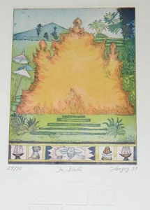 In Bali - Charlotte Herzog signierte Farb-Radierung Auflage 30 Feuer 1991 - Bild 1 von 4