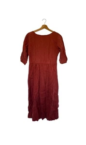 Oliver Bonas Party Dress Size 10 Rust Brown Short Sleeve Cupro Blend Belted - Picture 1 of 15