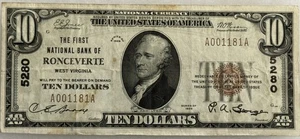 1929 $10 NATIONAL CURRENCY, NATIONAL BANK OF RONCEVERTE, WV CH# 5280 - VF TOUGH! - Picture 1 of 2