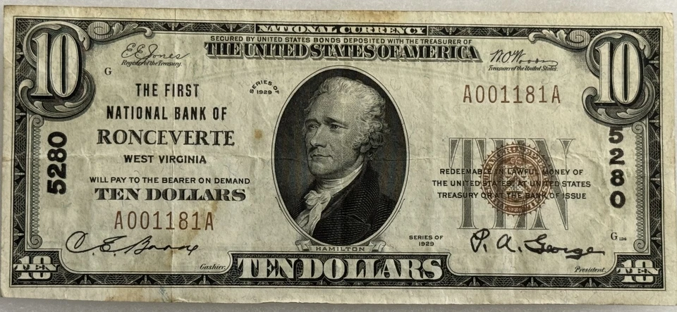 1929 $10 NATIONAL CURRENCY, NATIONAL BANK OF RONCEVERTE, WV CH# 5280 - VF TOUGH! - Image 1 of 2