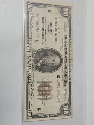 1929 Federal Reserve Bank Of Richmond 100 Dollar Bill, Ungraded - Image 1 of 4