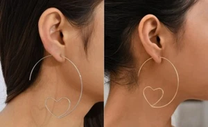 Women's Large Silver Gold Metal Heart Round Dangle Drop Hoop Decor Earrings Gift - Picture 1 of 7