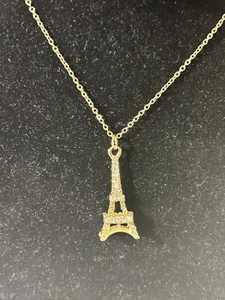 Gold Toned Eiffel Tower Pendant with Rhinestones on Gold Toned Chain - Picture 1 of 5