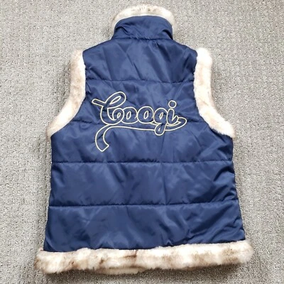 COOGI Reversible Puffer Vest Jacket Women Small Blue Faux Fur Embroidered Y2k - Image 1 of 4