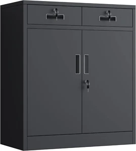 Metal Storage Cabinet with Locking Doors and 2 Drawers, Lockable Storage Cabinet - Picture 1 of 9