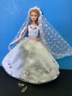 White Lace Wedding Dress, Shoes, Veil, Pink Roses,  for Barbie Doll