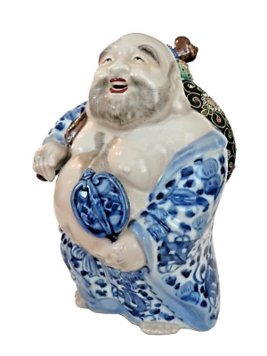Antiguo Buda Kutani Hotei japonés de 8,5" con bolsa Moriage, Meiji-Taisho tardío Foto 1 de 4