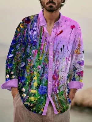 Camisa Abotonada Salpicaduras Arte Flores Vestido Informal Moda Púrpura Rosa Fiesta Floral Foto 1 de 4