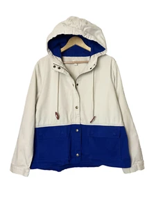 J Crew Womens Anorak Hooded Canvas Jacket Color Block Tan Blue Size XL Nautical - Picture 1 of 16