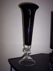 Hand Blown Deep Dark Purple Vase With Clear Footed Bottom 18" Tall - Picture 1 of 3