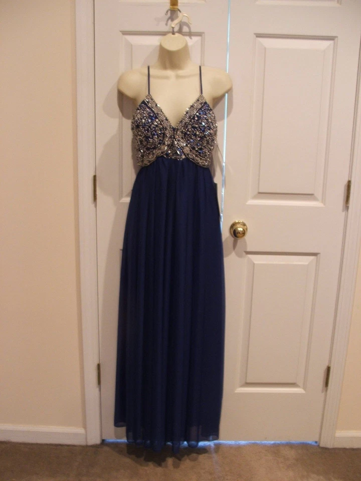 全新带标签 MY MICHELLE EVENING PROM 装饰无袖串珠礼服皇家蓝色 尺寸 1 — 第 1/4 张图片